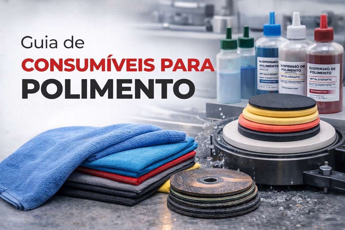 Consumíveis para polimento metalográfico em bancada de laboratório, incluindo panos, discos e suspensões, usados na preparação de amostras.