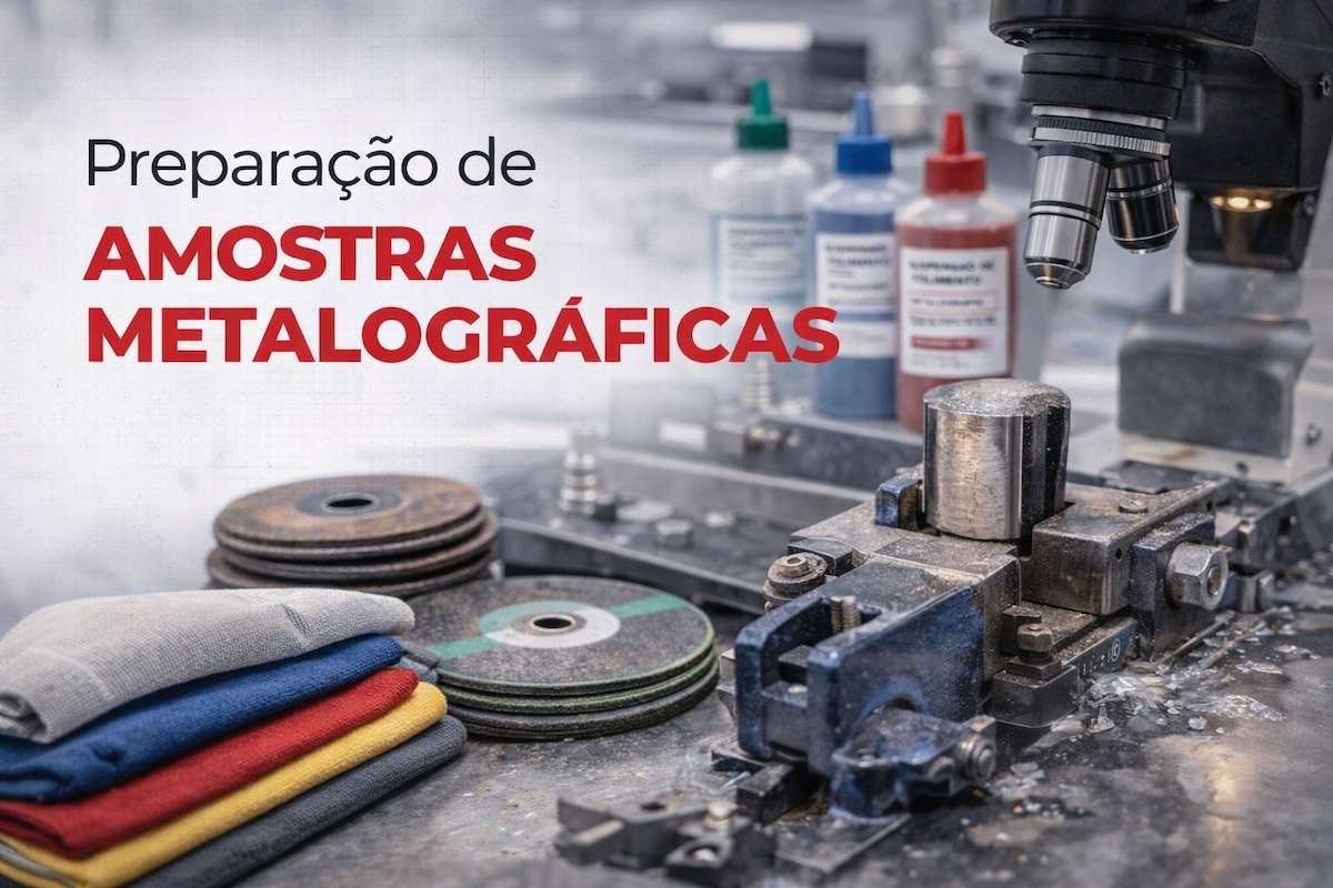 Preparação de amostras metalográficas em laboratório, com uso de discos de corte, panos de polimento e suspensões abrasivas para análise metalográfica